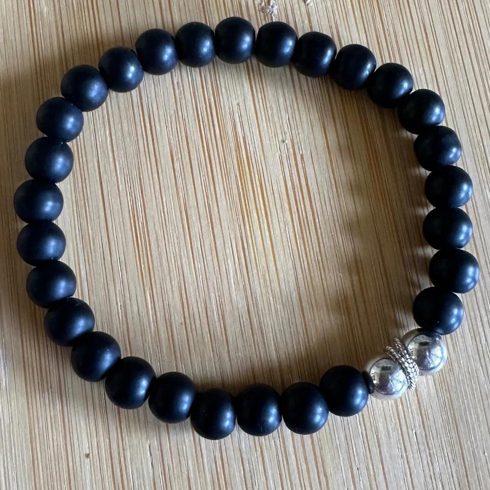 Matte 6mm Onyx Stretch Bracelet w/ Sterling Silver Spacer & Accents